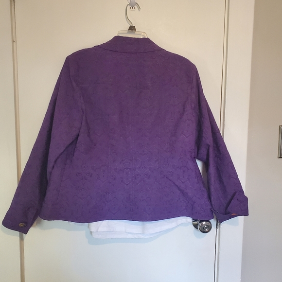 Coldwater Creek Jacket Purple Embroidered Print Collared Buttons Pockets Size 14 - Picture 6 of 10